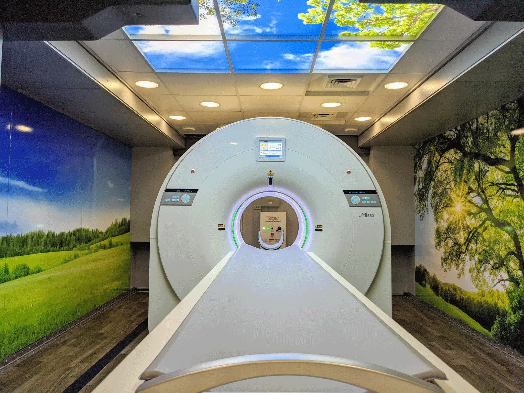 mobile pet ct machine with murals on walls and window of sky above